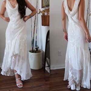 Vintage 90's Alex Evenings Cowl Neck White Asymmetrical Front Dress